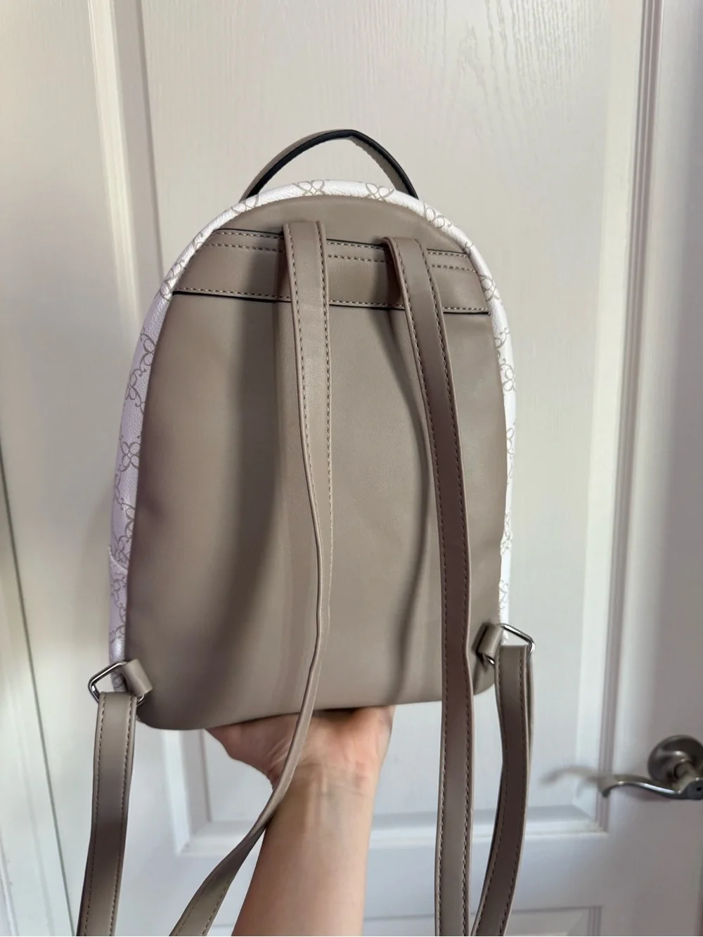 Nine West White and Taupe Logo-Print Mini Backpack